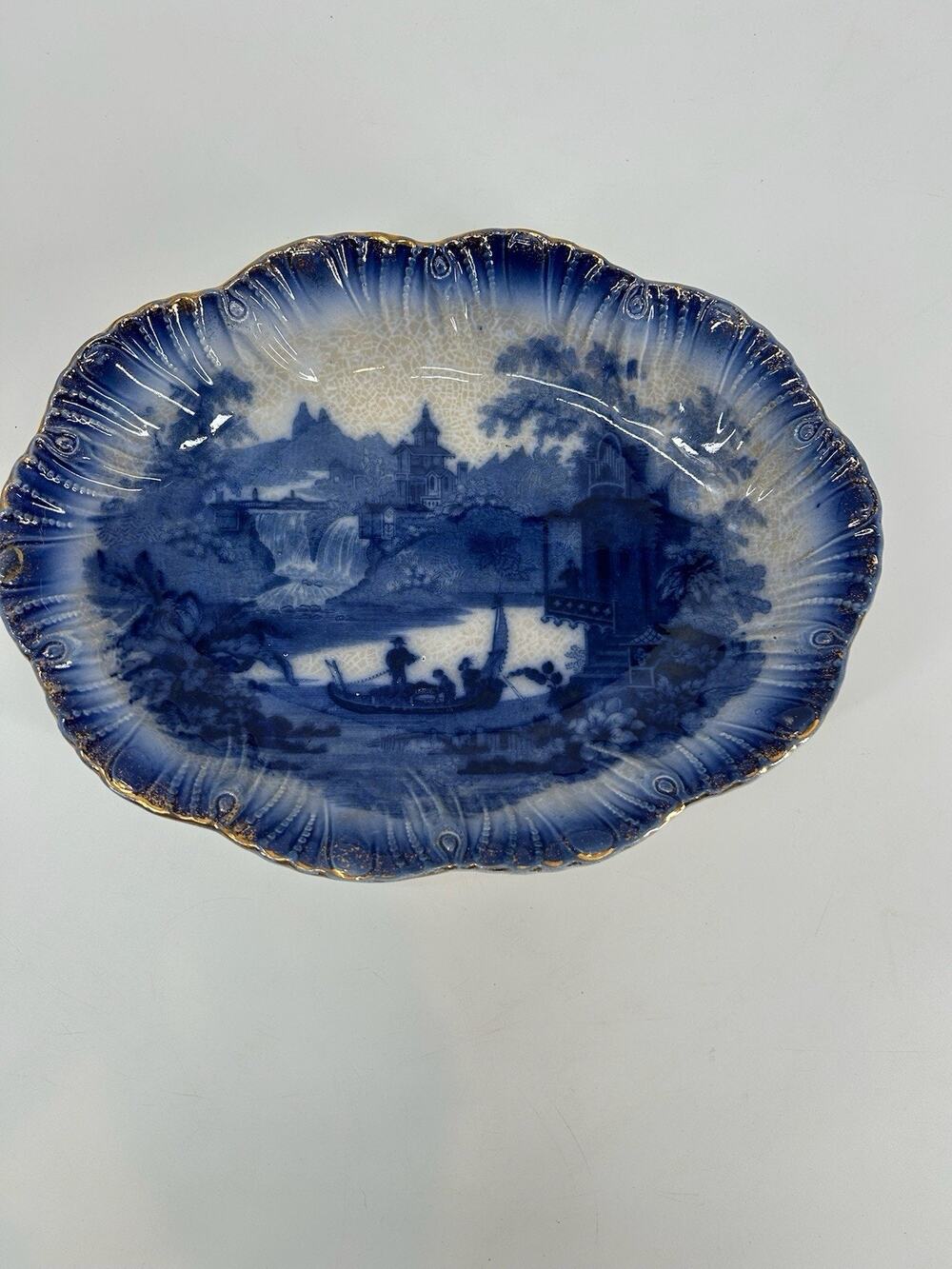 Antique Flow Blue Platter Scenic "Oriental" Pattern 11" Gold Rim